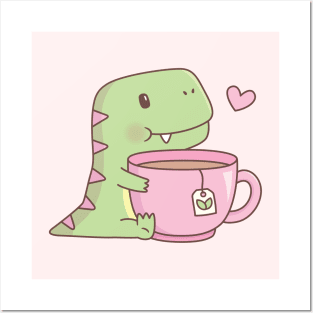 Cute Little Dino Hugging Teacup Posters and Art